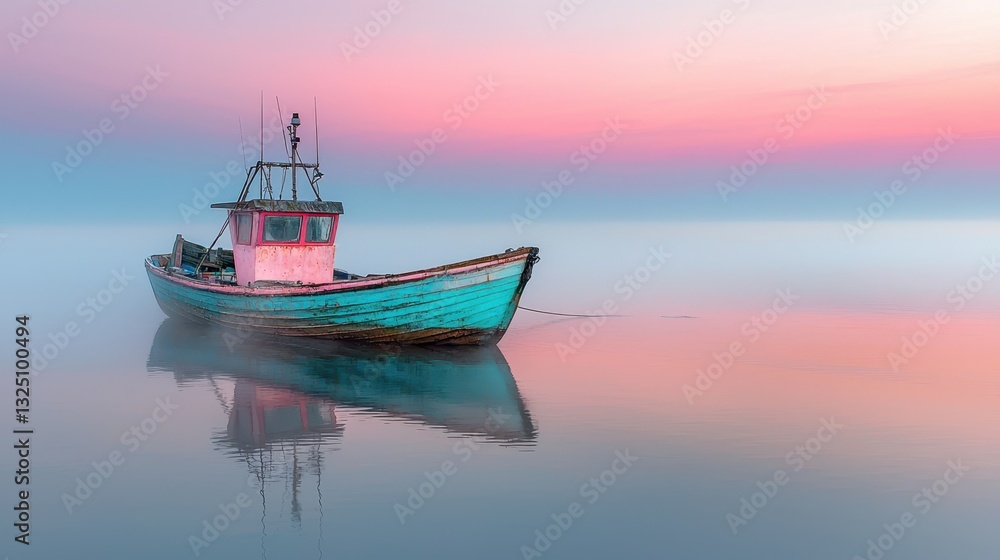 Fishing Boat Drifting in a Tranquil Sea: Foggy Marine Scene with Pastel Sky, Calm Water, and Reflection Fishing Boat Drifting in a Tranquil Sea: Foggy Marine Scene with Pastel Sky, Calm Water, and Reflection