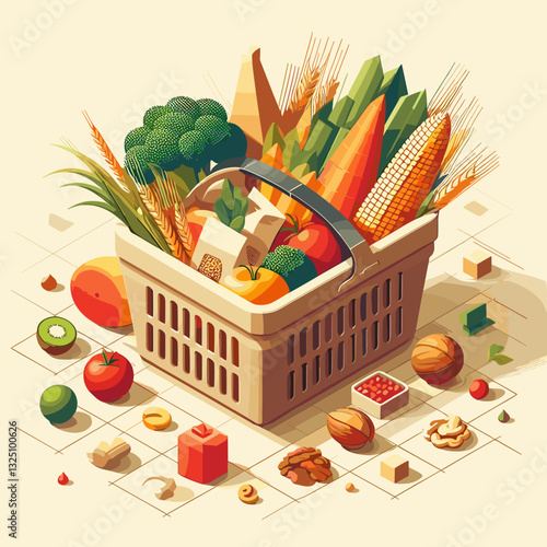 A colorful shopping basket filled with fresh fruits, vegetables, and healthy food items
