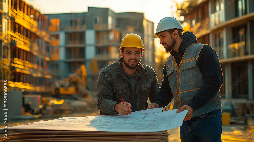 Contractor and client discussing blueprints at construction site Contractor and client discussing blueprints at construction site