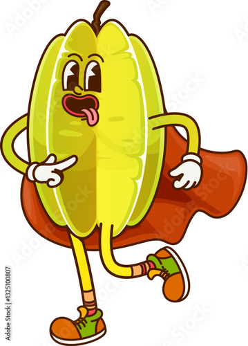 Cartoon groovy star fruit Halloween wizard character. Isolated vector fairytale carambola retro personage wearing red sorcerer cape and hippie sneakers. Funky starfruit with sticking out tongue