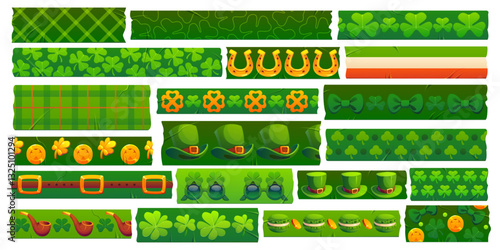 St Patrick Irish washi tape for holiday of green adhesive pieces, vector seamless design. St Patrick washi tape with Irish and Ireland pattern of leprechaun hat, shamrock clover and golden horseshoe