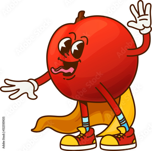 Cartoon groovy red apple Halloween wizard fruit character. Vector funny necromancer or magician retro personage in yellow cape and smiling face. Sorcerer garden fruit, healthy vitamin food enchanter