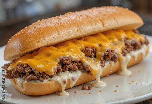 Wallpaper Mural Delicious Sloppy Joe Sandwich with Melted Cheese on White Plate Torontodigital.ca