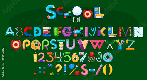 School font, education typeface, abc type, kids English alphabet letters, numbers and signs with educational items such as books, pens, apples and stationery. Funny typeset for children fun learning