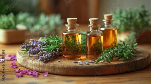 Herbal Essential Oils on Wooden Board photo