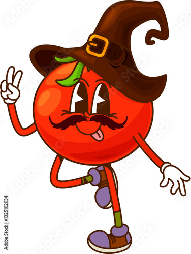 Cartoon groovy tomato Halloween wizard vegetable character dressed as a sorcerer with a whimsical pointed hat, retro sneakers and engaging expression, captures a playful spirit of whimsical holiday