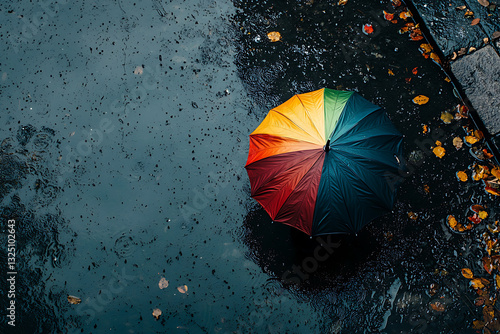 A colorful umbrella rests on wet pavement speckled with leaves, capturing a moment of calm amidst a rainy day.