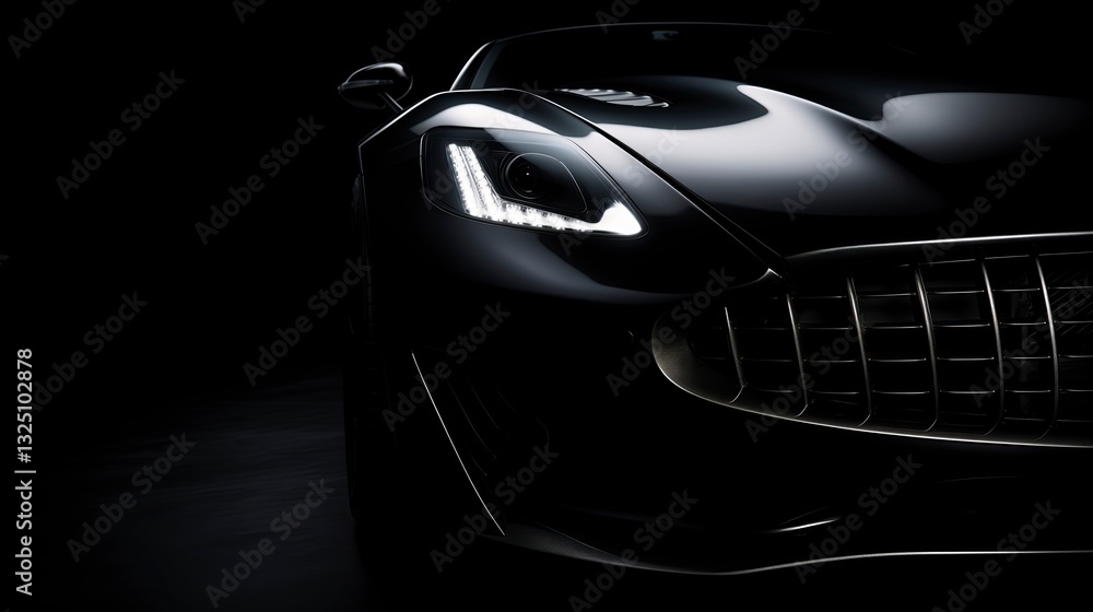 Fototapeta premium Dark car on black background - mysterious and elegant features of a beautiful car