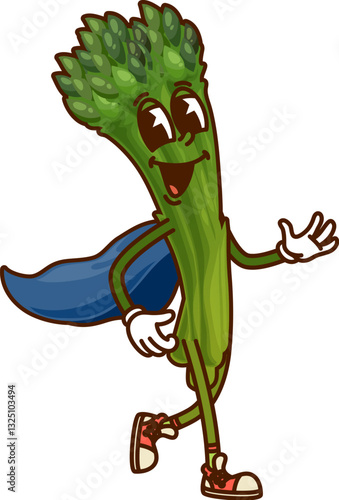 Cartoon groovy asparagus Halloween wizard vegetable character wearing blue magician cape and retro hippie sneakers. Isolated vector cheerful veggie sorcerer personage exudes a funky y2k hippie vibe