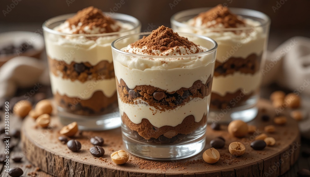 Delicious Tiramisu Dessert in Glasses with Coffee Beans and Hazelnuts Delicious Tiramisu Dessert in Glasses with Coffee Beans and Hazelnuts