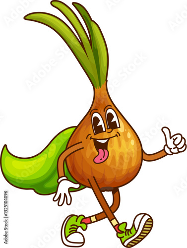 Cartoon groovy onion Halloween wizard vegetable character. Isolated vector jovial veg personage in green cape and hippie sneakers ready for holiday party celebration. Amusing onion fantasy y2k veggie