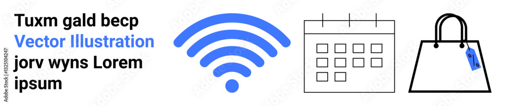 Blue wireless symbol, grid calendar, shopping bag with tag, placeholder text. Ideal for tech, scheduling, retail, e-commerce productivity marketing and UIUX design. Flat landing page banner Blue wireless symbol, grid calendar, shopping bag with tag, placeholder text. Ideal for tech, scheduling, retail, e-commerce productivity marketing and UIUX design. Flat landing page banner