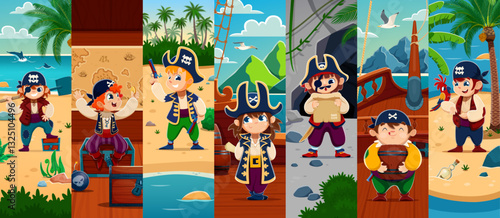 Cartoon kid pirates or corsairs characters collage. Vector adventurous scenes with young rovers digging treasure, reading maps, and exploring tropical islands accompanied by parrots, ships and chests