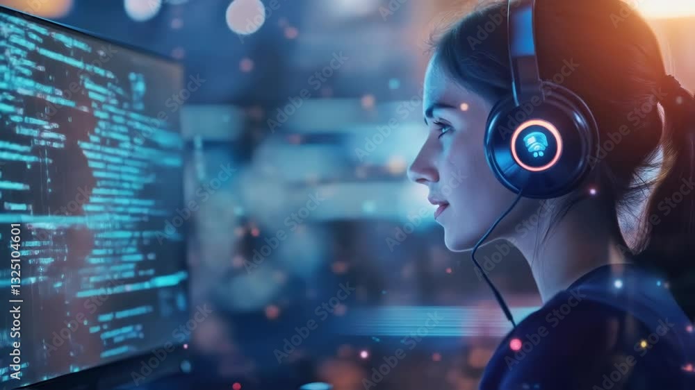 Computer programmer wearing headphones, coding in a high tech environment while developing innovative engineering solutions with cutting edge technology