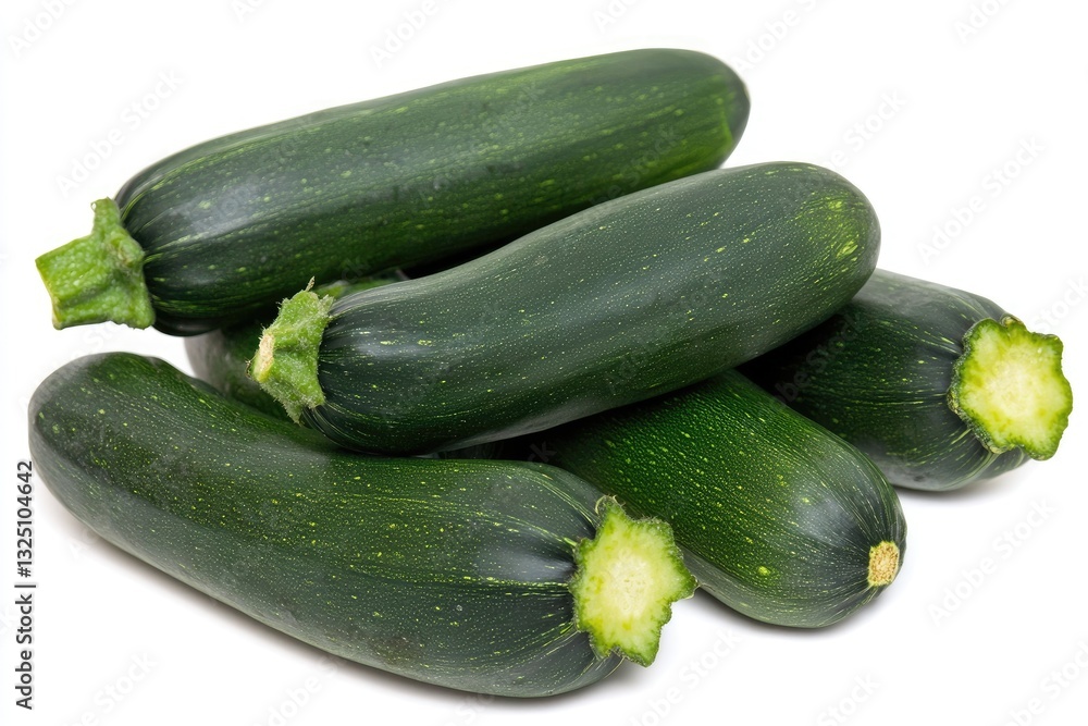 Fresh green zucchini. A pile of dark green zucchini, showing their smooth, ribbed, and slightly pointed ends. The cut end of one zucchini reveals its interior structure Fresh green zucchini. A pile of dark green zucchini, showing their smooth, ribbed, and slightly pointed ends. The cut end of one zucchini reveals its interior structure