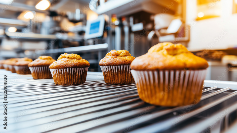 Fresh Muffins on an Industrial Bakery Conveyor
Fresh Muffins on an Industrial Bakery Conveyor