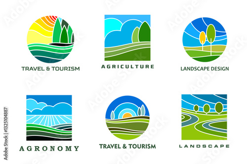 Lawn and farm landscape icons. Vector emblems for travel, tourism, agriculture, agronomy and landscape design themes, feature rolling hills, trees, sun, clouds, symbolizing nature and sustainability