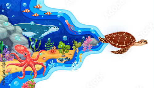 Paper cut underwater landscape with sea turtle, octopus and seal characters between seaweeds, vibrant fish and corals. Cartoon vector ocean, marine life is framed by a wavy blue 3d papercut border