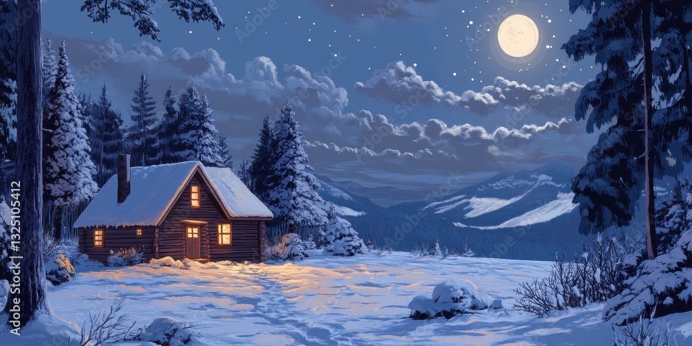 Fototapeta premium A cozy illuminated cabin at night in a snowy winter landscape