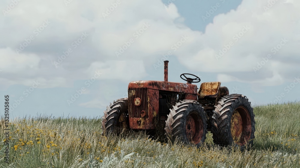 Fototapeta premium An old rusty tractor sits in a grassy field under clouds