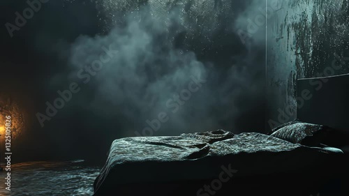 Mysterious fog slowly engulfs a dimly lit vintage bedroom with atmospheric lighting