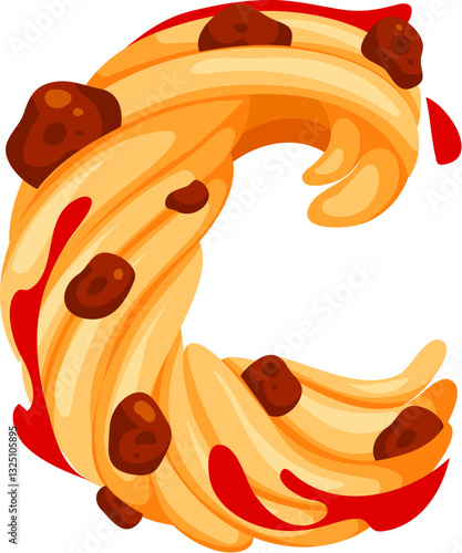 Fast food pasta noodle meal cartoon English alphabet font typeset letter C. Fast food restaurant snack cartoon font typeset C letter, vector English alphabet letter. Fastfood menu ABC font symbol