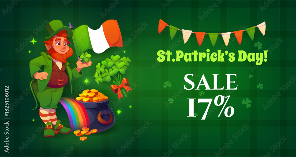 Fototapeta premium St Patrick day sale banner. Cartoon vector festive advertisement flyer promotes a 17 percent off, featuring cheerful leprechaun holding four leaf clover stands beside pot of gold at the end of rainbow