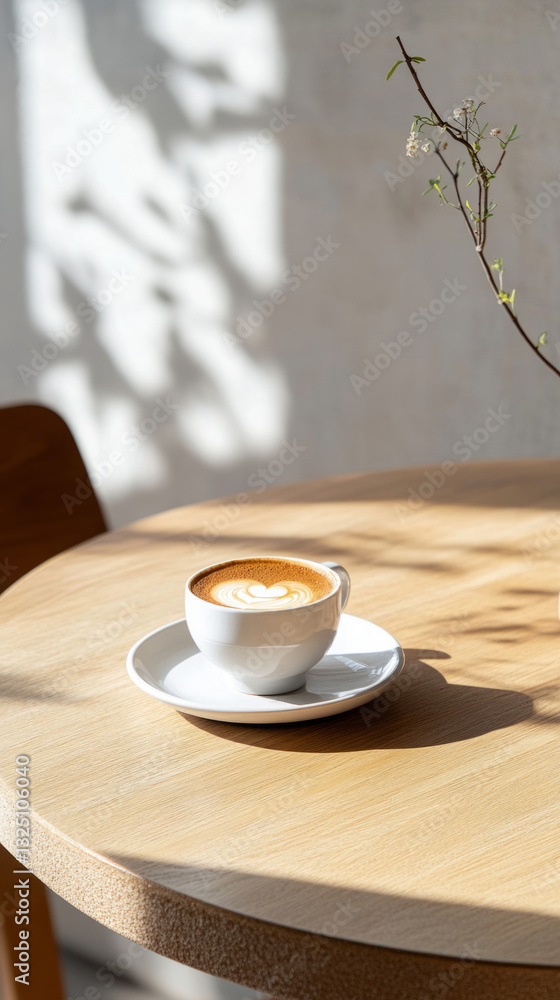 Fototapeta premium Sunlit latte art on wooden table in modern cafe setting