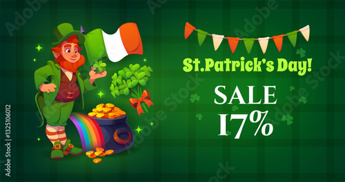 St Patrick day sale banner. Cartoon vector festive advertisement flyer promotes a 17 percent off, featuring cheerful leprechaun holding four leaf clover stands beside pot of gold at the end of rainbow