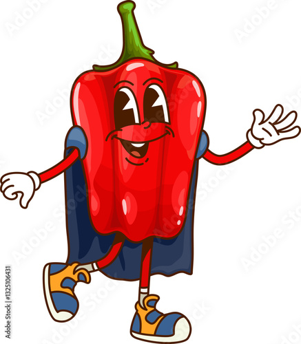 Cartoon groovy red bell pepper Halloween wizard vegetable character with friendly smile, wearing cape and sneakers happily waving and striking playful pose. Isolated vector ripe veggie retro personage