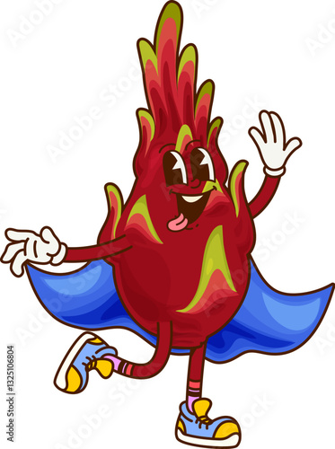 Cartoon groovy Halloween dragon fruit wizard character. Vector tropical pitahaya magician retro personage in blue cloak. Warlock or sorcerer, fruity enchanter, necromancer casts magic witchcraft spell