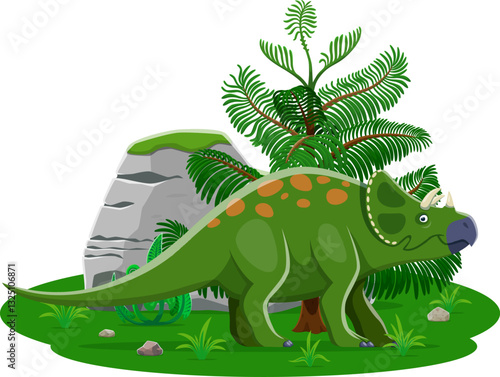 Avaceratops cartoon prehistoric dinosaur character. Isolated vector herbivore friendly dino at lush landscape with ferns, rocks and foliage. Ancient reptile animal at Late Cretaceous era scene
