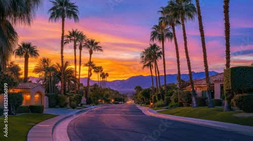 Vibrant sunset view with palm trees lining a quiet street in California during twilight hours