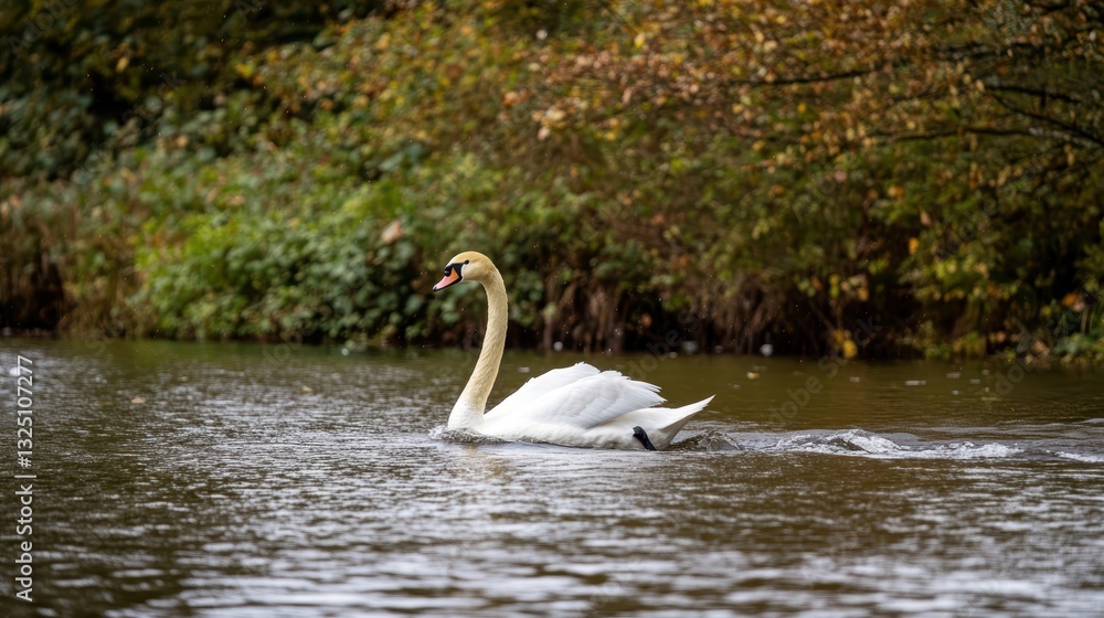 A graceful white swan swims calmly on calm water A graceful white swan swims calmly on calm water