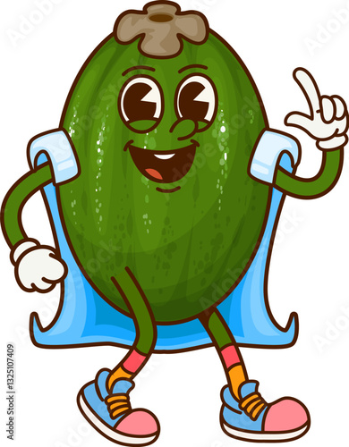 Cartoon groovy feijoa Halloween wizard fruit character. Isolated vector funny tropical fruit personage with a lively expression exudes magic, whimsy and fun with its green body and blue magical cape