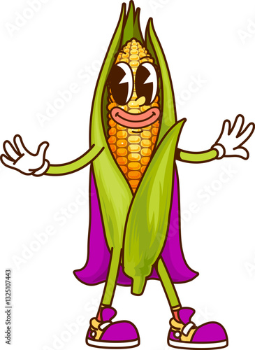 Cartoon groovy corn cob Halloween wizard vegetable character dressed in a magician costume, complete with a purple cape and hippie sneakers exuding funky and whimsical vibe with touch of veggie magic