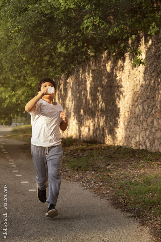 Young hispanic boy jogging and hydrating outdoors for a healthy lifestyle Young hispanic boy jogging and hydrating outdoors for a healthy lifestyle