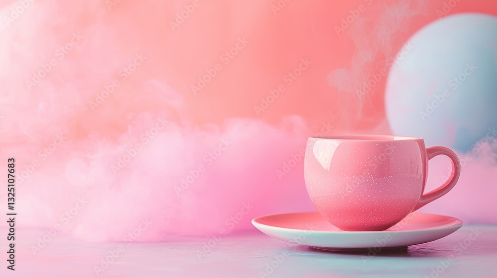Fototapeta premium Pink cup with steam on a pastel background