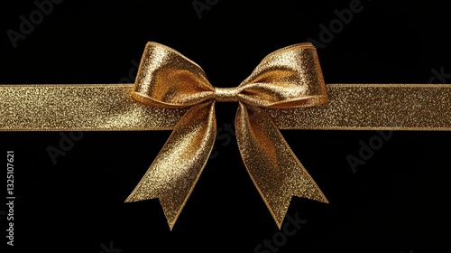 A shiny gold ribbon tied into a decorative bow on black background