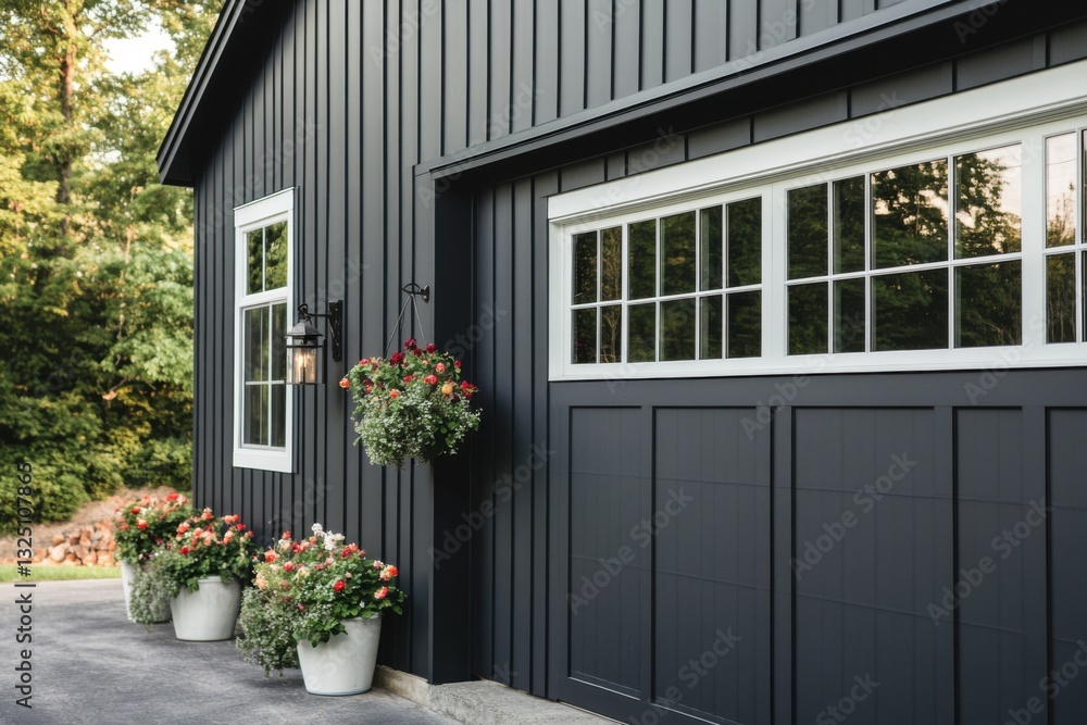 Naklejka premium Charming black garage exterior with vibrant flower pots showcasing a stylish and modern home in a serene outdoor setting during the late afternoon