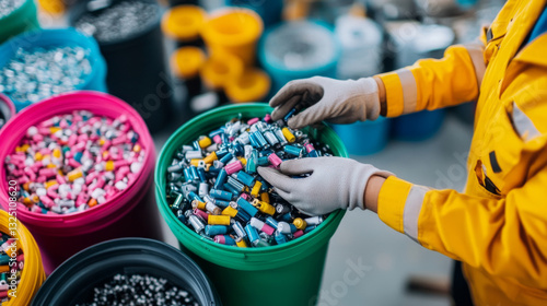 Worker sorting multicolored batteries in recycling facility for environmental sustainability