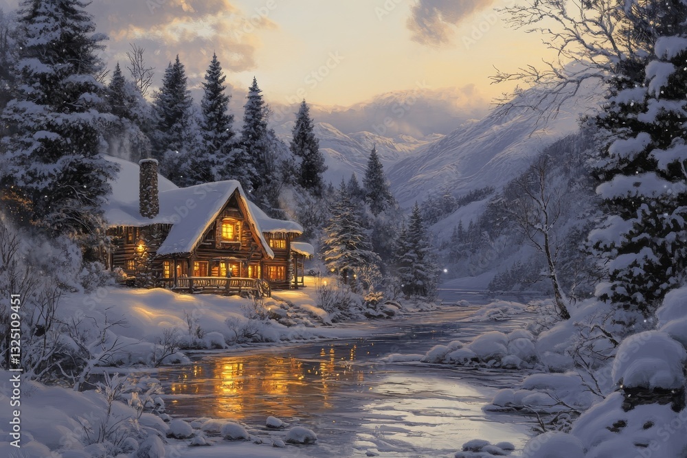 Fototapeta premium A Snowy Winter Landscape Features A Cozy Lighted Cabin
