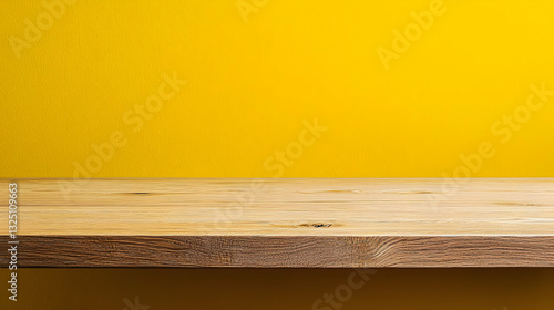 Wallpaper Mural Wooden Shelf Against Bright Yellow Wall Creating a Striking Contrast for Product Display Torontodigital.ca