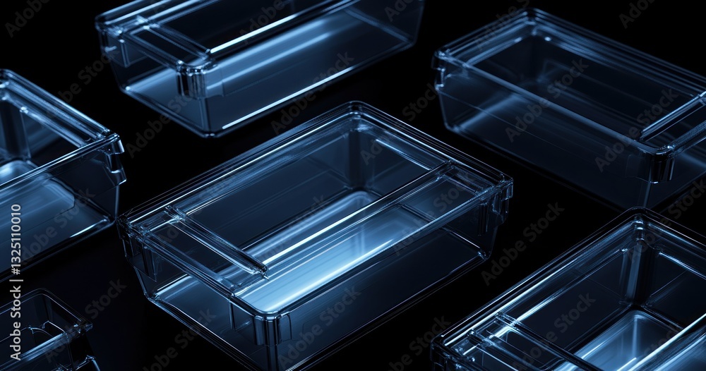 Transparent plastic boxes on black background. Transparent plastic boxes on black background.