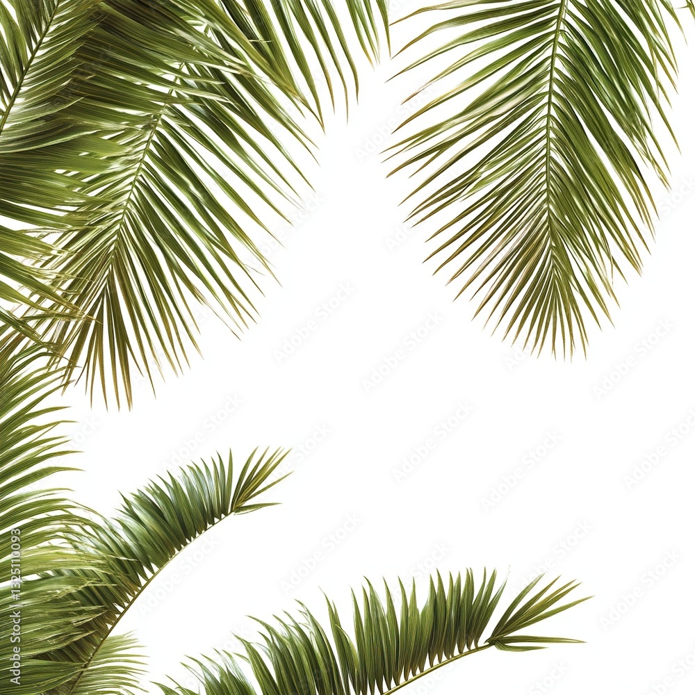 Fototapeta premium Lush green palm fronds frame a white background.