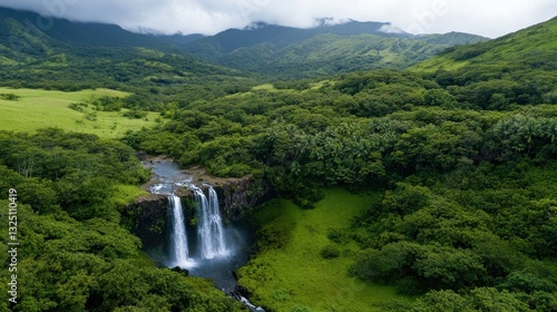 A hidden waterfall in a lush green valley, untouched by civilization