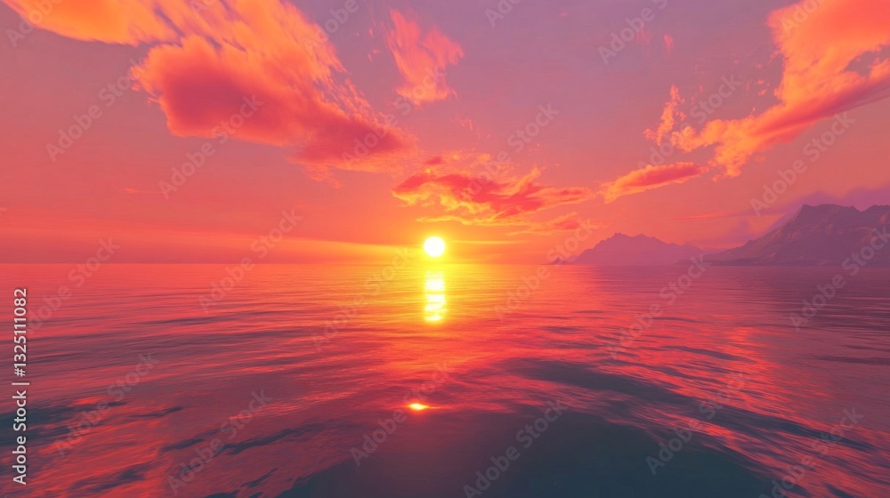 Fototapeta premium Vibrant Red Sunset Over Calm Ocean