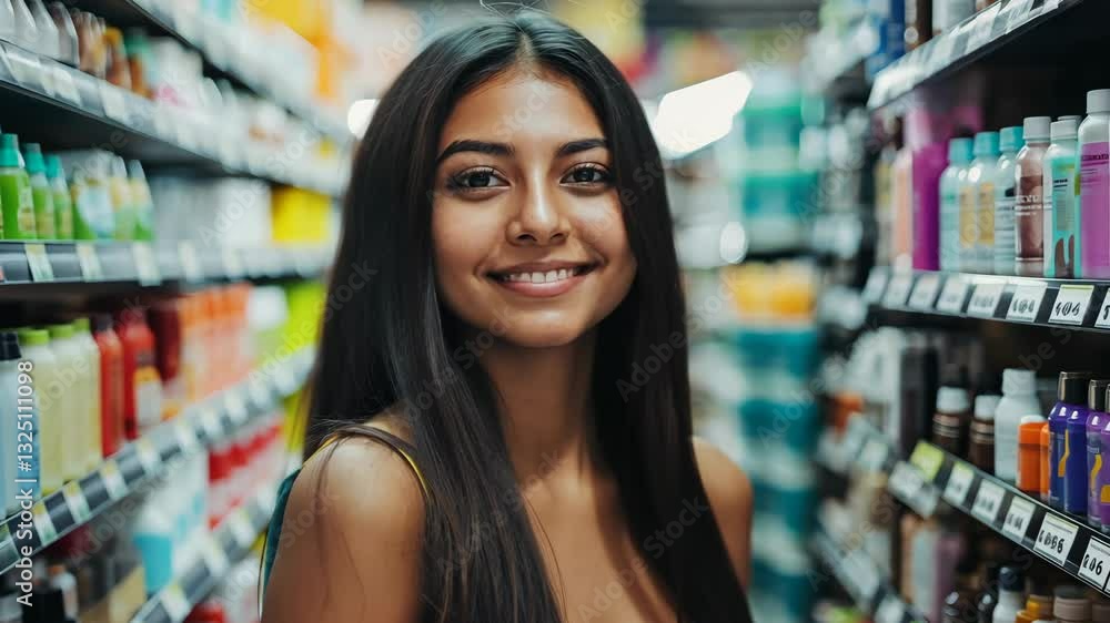 Woman smiling and shopping in a vibrant supermarket aisle Woman smiling and shopping in a vibrant supermarket aisle