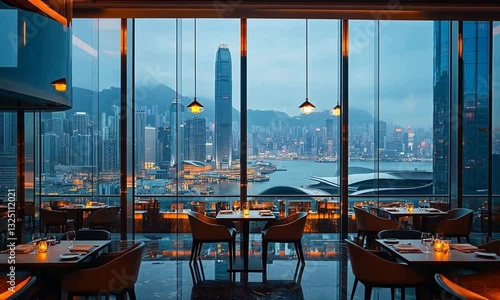 Elegant dining setting in a high-rise restaurant overlooking the illuminated skyline of Hong Kong at dusk