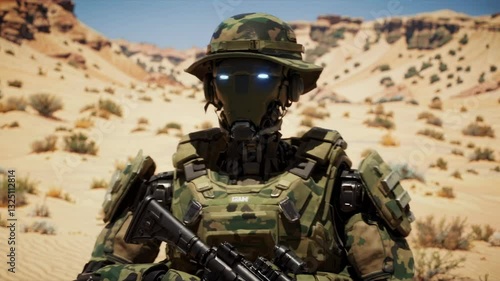 Military Humanoid Robot Patrolling Perimeter with Rifle Futuristic Security Concept 4K Video